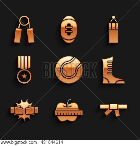 Set Tennis Ball, Apple And Measuring Tape, Black Karate Belt, Sport Boxing Shoes, Punch Gloves, Meda