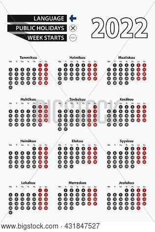 Vector Template Calendar 2022 With Number In Circles, Simple Finnish Calendar For Year 2022. Vector 