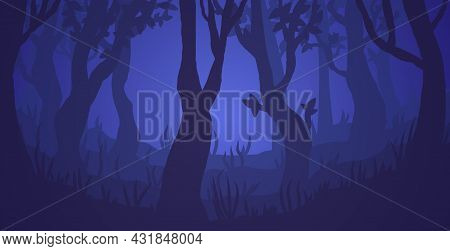 Dark Foggy Forest Vector Illustration. Spooky Trees At Night. Scary Woody Landscape