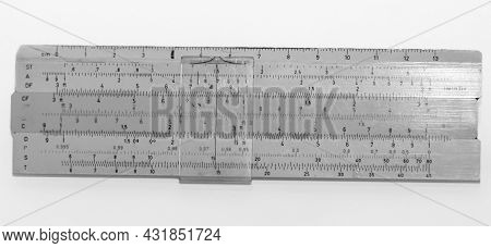 Picture Of An Old Slide Rule From The Time Of The Gdr Which The Students Used To Expect. Antique Cal