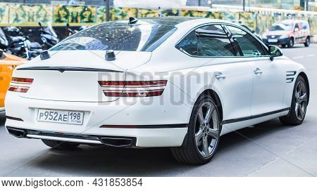 Rear Side View Of White Genesis G80 Car Second Generation Rg3 . Premium Electrified Korean Sedan On 
