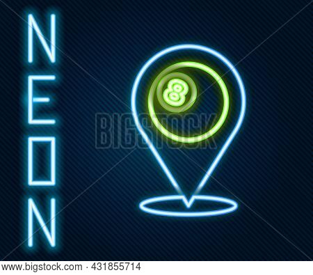 Glowing Neon Line Map Pointer With Billiard Pool Snooker Ball With Number 8 Icon Isolated On Black B