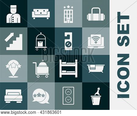 Set Champagne In An Ice Bucket, Bathtub, Wireless Laptop, Hotel Building, Suitcase, Stairs Up, Conci