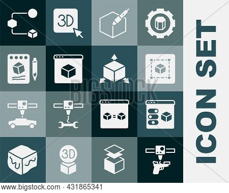 Set 3d Printer Gun, Geometric Figure Cube, 3d Pen Tool, Sketch On Paper, Isometric Cube And Icon. Ve