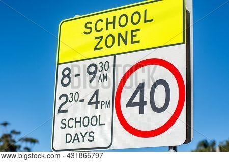 School Zone Road Sign With Speed Limit 40 During Before And After School Hours In Nsw, Australia. Ro