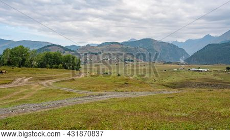 Panoramic View To Omalo Mountain Village In Tusheti Nature Reserve. Georgia