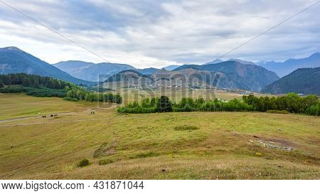 Panoramic View To Omalo Mountain Village In Tusheti Nature Reserve. Georgia