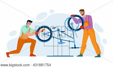 Bicycle Repair Service Men Workers Fixing Vector. Young Guys Examining And Repairing Bicycle Parts. 