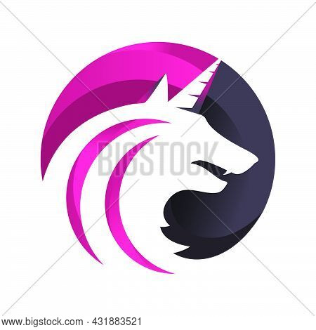 Hybrid Unicorn Wolf Head Logo Design On The Circle Vector Sign Concept Illustration