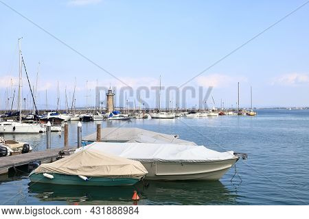 Desenzano, Italy - October 8:  The View Across Desenzano Harbour On October 8. 2019.  Desenzano Is A