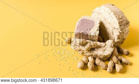 Halva Made Of Peanuts And Sesame Seeds With Decoration In The Form Of Peanuts And Sesame Seeds On A 