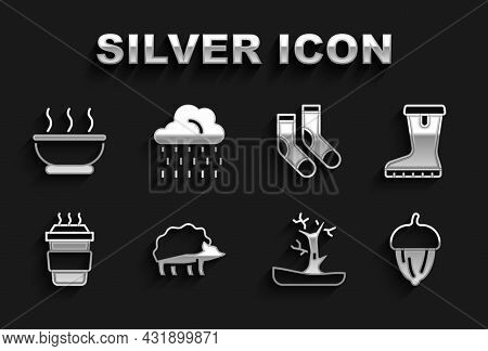 Set Hedgehog, Waterproof Rubber Boot, Acorn, Bare Tree, Coffee Cup To Go, Socks, Bowl Hot Soup And C