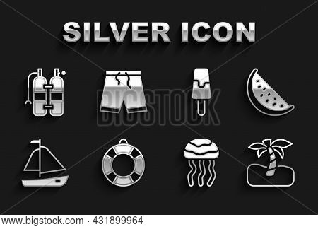 Set Lifebuoy, Watermelon, Tropical Palm Tree, Jellyfish, Yacht Sailboat, Ice Cream, Aqualung And Swi