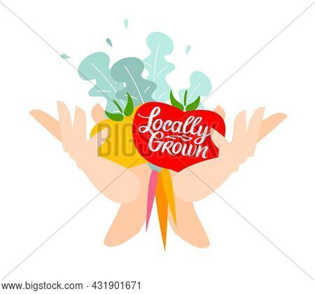 Locally Grown. Vector Illustration For Locavore Food. Organic Vegetables With Lettering With Handwri