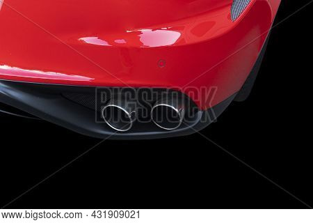 Close Up Of A Car Dual Exhaust Pipe. Double Exhaust Pipes Of A Red Modern Sports Car. Car Exterior D