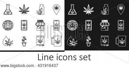 Set Line Cup Tea With Marijuana, Online Buying, Marijuana Or Cannabis Leaf Oil, Legalize, Test Tube,