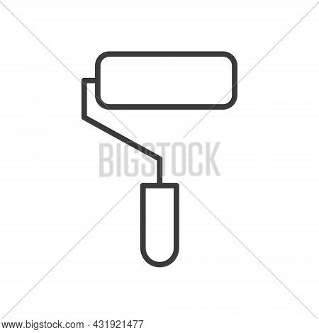 Paint Roller Line Icon. Black Repair And Built Work Tool. Vector Isolated On White.