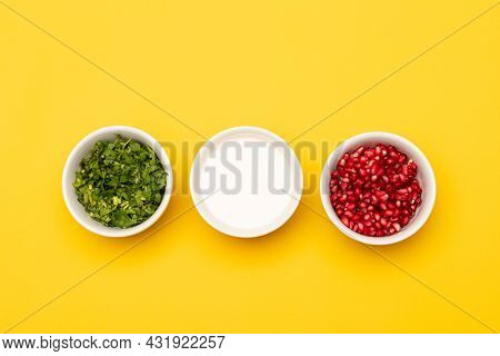 Coriander, Cream And Pomegranate, Some Ingredients For Chile En Nogada, Traditional Mexican Dish, On