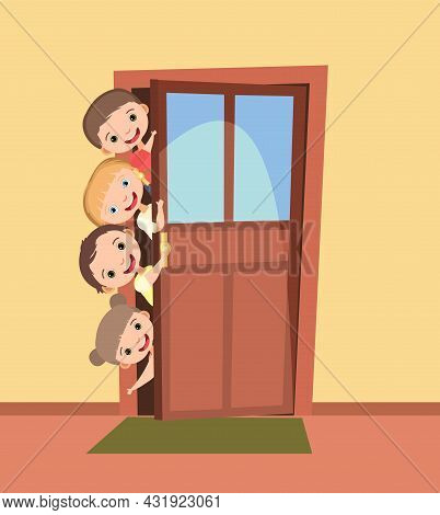 Children Peek In The Door. Opened The Entrance. Funny Kid. View From Inside The Room. Cartoon Style.