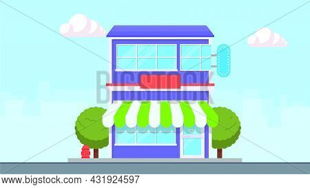 Shop Building Facade With Big Window And Awning. Vector Shop Or Market, Illustration Background. Sto