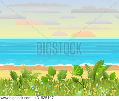 Frontal View Of The Seashore. Blooming Grassy Meadow With Flowers. Waves Along The Surf Line. Yellow