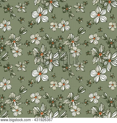 Seamless Repeat Pattern With White Flowers On Green Background. Wild Floral Texture, Print, Stamp. H
