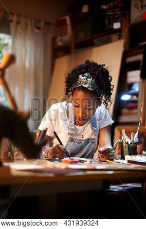 Vertical Photo. Close-up Of A Young African-american Artist At Work In The Studio. Creative Person M