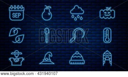 Set Line Winter Hat, Thermometer, Cloud With Rain, Shovel, Leaf, September Calendar Autumn, Sickle A