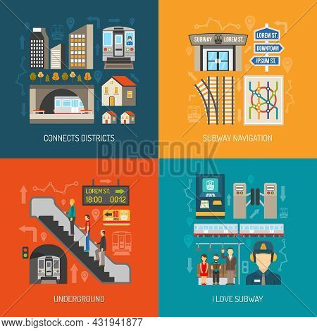 Concept Of 2x2 Images Underground Connects Districts Subway Navigation And I Love Subway Flat Vector