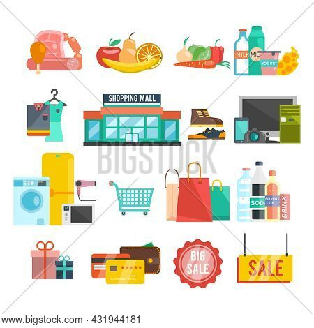 Shopping Center Flat Icons Set With Food Home Appiances And Goods Isolated Vector Illustration
