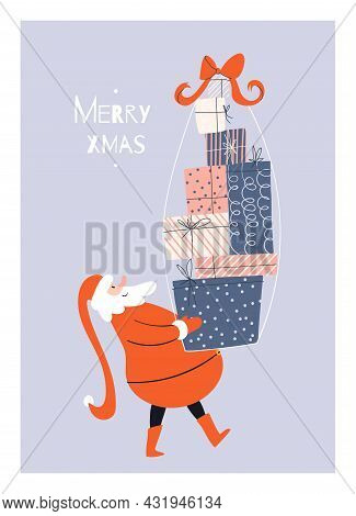 Cartoon Santa Is Carrying A Huge Stack Of Holiday Gifts. Greeting Card With Santa. Vector Stock Illu