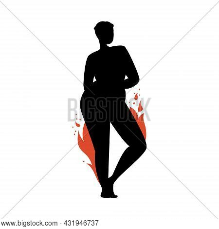 Female Silhouette On A White Background. Girl Power With Fiery Forms Posing. Vector Stock Illustrati