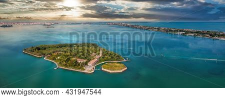 Aerial View Of The Plagued Ghost Island Of Poveglia In Venice