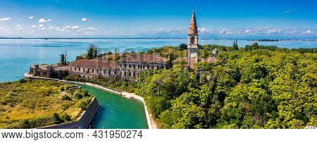 Aerial View Of The Plagued Ghost Island Of Poveglia In Venice