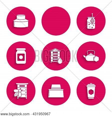 Set Hive For Bees, Beekeeper With Protect Hat, Cup Of Tea Honey, Tea Kettle, Jar, And Dipper Stick A