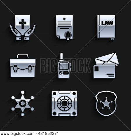 Set Walkie Talkie, Safe, Police Badge, Envelope, Hexagram Sheriff, Briefcase, Law Book And Oath On T