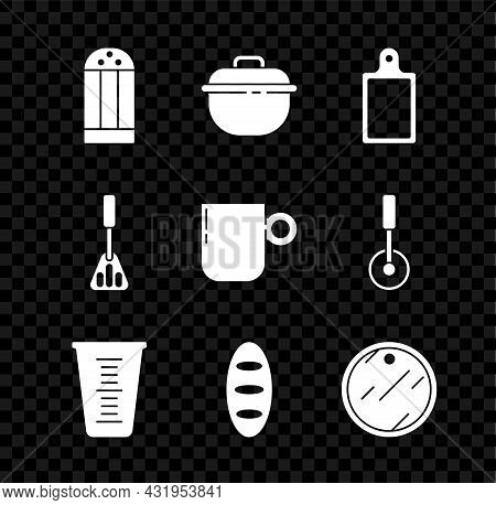 Set Salt, Cooking Pot, Cutting Board, Measuring Cup, Bread Loaf, Spatula And Coffee Icon. Vector