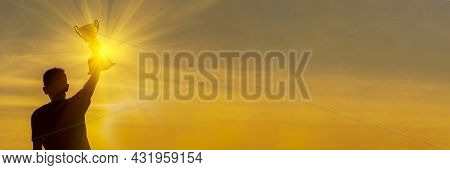 Banner Winner Win Hands Holding Golden Champion Trophy Cup Prize. Silhouette Best Award Victory Hand
