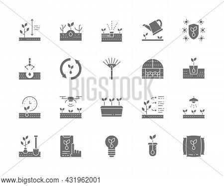 Set Of Planting Grey Icons. Weed Control, Rake, Greenhouse, Agriculture And More