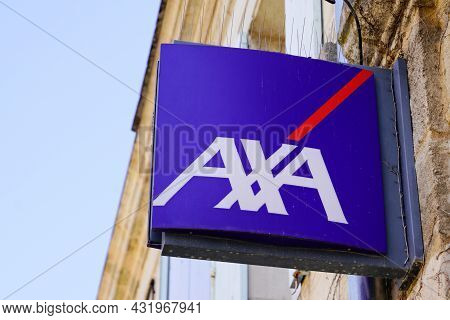 Bordeaux , Aquitaine  France - 08 30 2021 : Axa Blue Brand Logo And Text Sign Front Of French Bank A