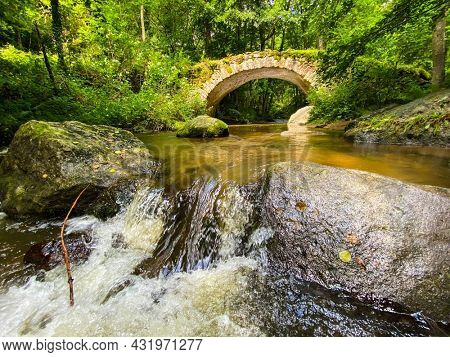 Old bridge of the Ribeyrolles in Gorges of the monne river in the green forest, olloix, Puy-de-DÃ´me, Auvergne, France
