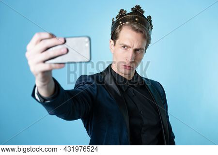 Brag About Your Success On Social Networks. A Young Man Has Received An Achievement And Takes A Self