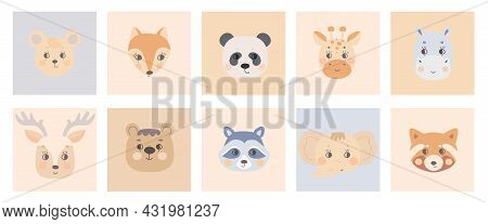 Cute Simple Animal Faces On Colorful Backgrounds. Portrait Of A Cartoon Funny Deer, Raccoon, Red Pan