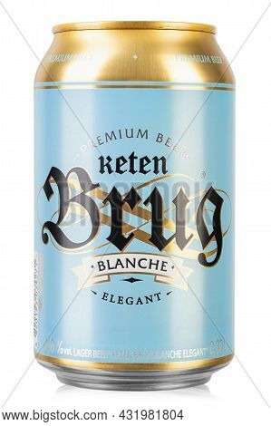 Ukraine, Kyiv - July 28. 2021: Can Of Keten Brug Blanche Elegant Beer Isolated On White. Unfiltered.