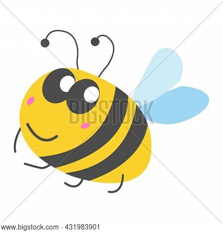 Smiling Yellow Bumblebee With Gray Stripes And Light Blue Wings. Simple Flat Cartoon Style. Cute And