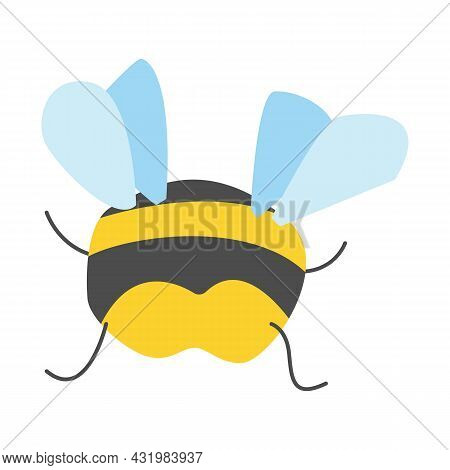 Yellow Bumblebee With Gray Stripes And Light Blue Wings. Back View. Simple Flat Cartoon Style. Cute 