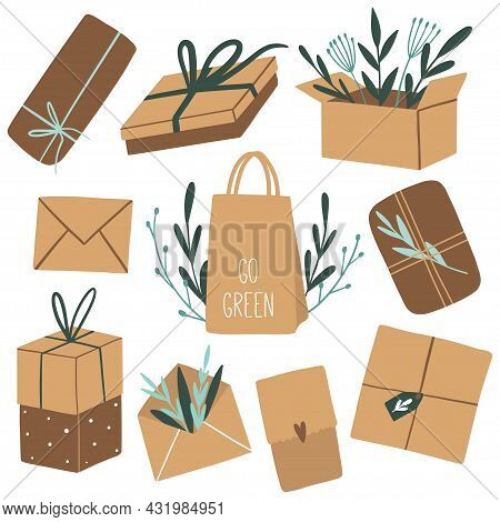 Eco Packages And Green Leaves. Natural Craft Paper Package. Hand Drawn Eco Life Concept. Flat Vector