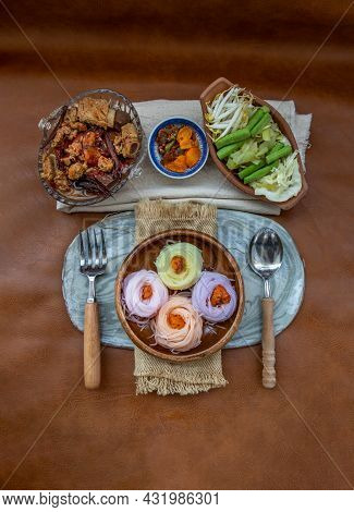 Rice Noodles With Spicy Pork Sauce Or Nam Ngiao Rice Noodle (traditional Northern Thai Cuisine). Nam