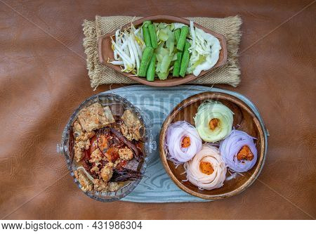 Rice Noodles With Spicy Pork Sauce Or Nam Ngiao Rice Noodle (traditional Northern Thai Cuisine). Nam