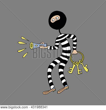 Thief Is A Swindler In Striped Clothes. A Thief With A Flashlight And Keys Wants To Rob A Bank. Vect